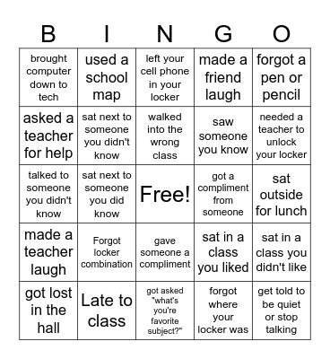 First week of school bingo Card
