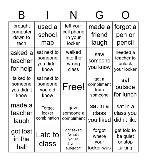 First week of school bingo Card