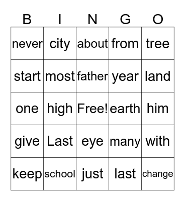 Sight Word Bingo Card