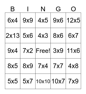 Multiplication Facts Bingo Card