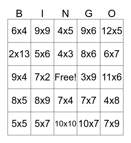 Multiplication Facts Bingo Card