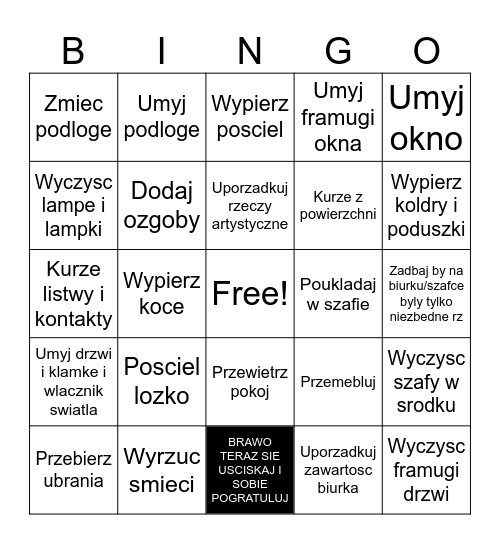 Sprzatanie sypialni Bingo Card