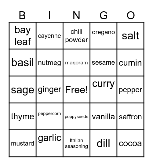 Spices Bingo Card