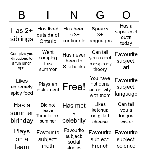 Name Bingo Card