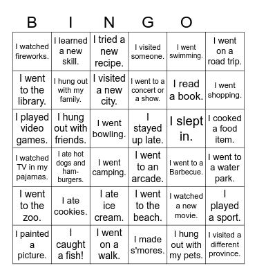 Summer Activities Bingo Card