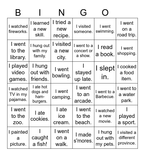 Summer Activities Bingo Card