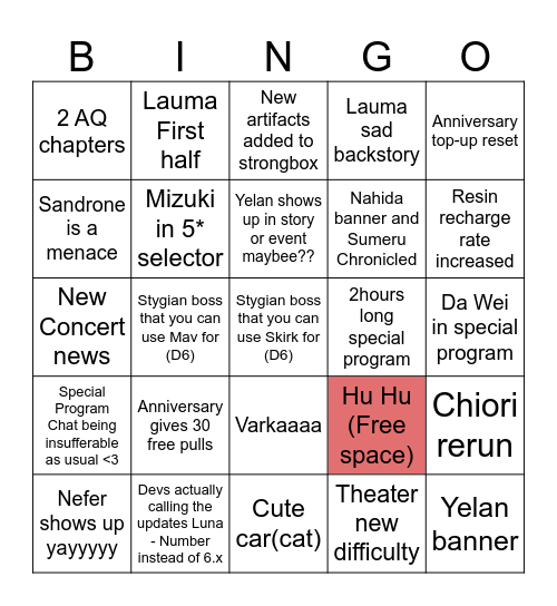 Genshin Bingo Card