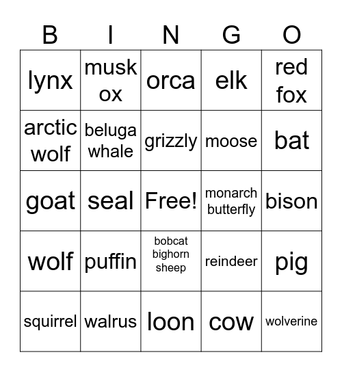 canada wildlife Bingo Card