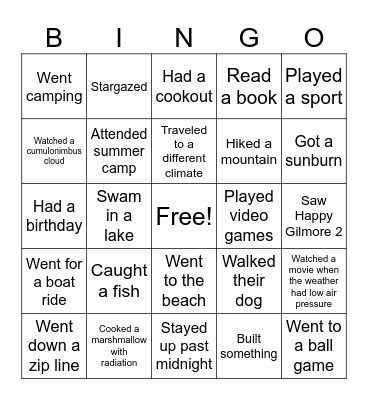 Summer Science Bingo Card