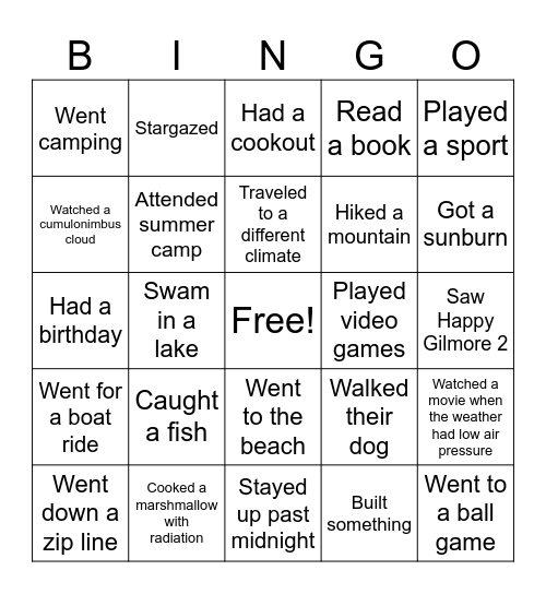 Summer Science Bingo Card