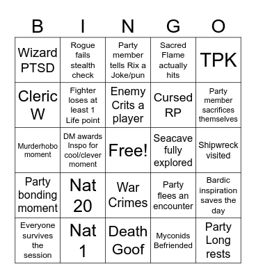 Dragons of Stormwreck Isle: Session 3 Bingo Card