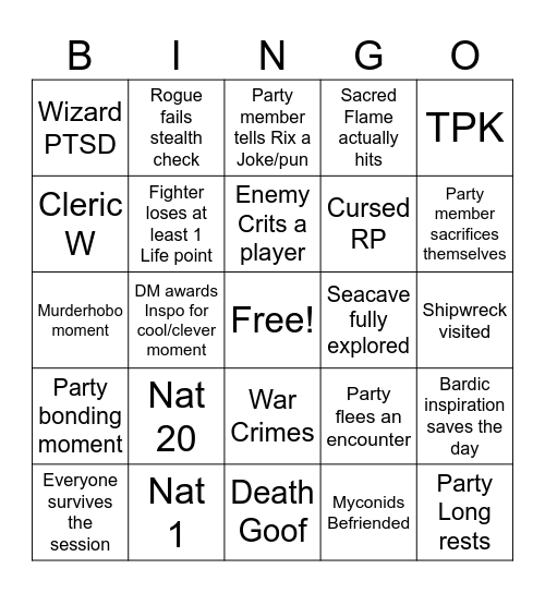 Dragons of Stormwreck Isle: Session 3 Bingo Card
