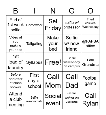 College Picture Proof Bingo Card