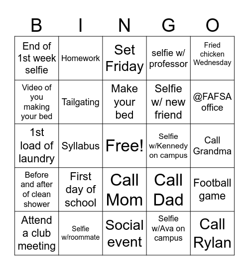 College Picture Proof Bingo Card