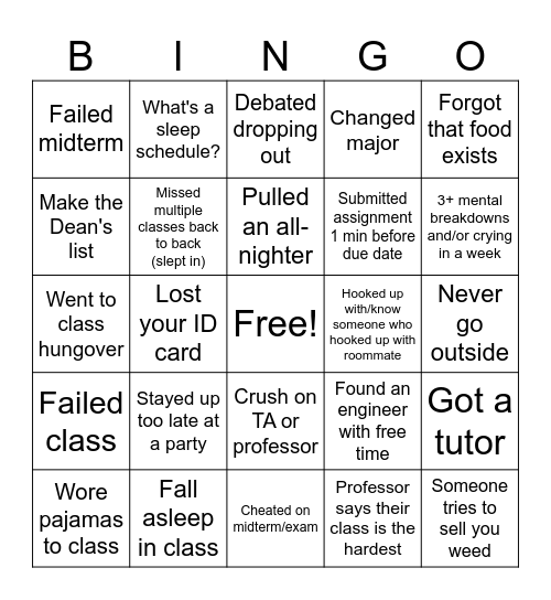 Arsonnn University Bingo Card