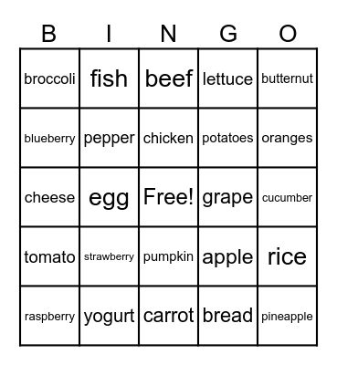 Food Groups Bingo Card