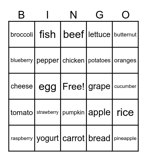 Food Groups Bingo Card