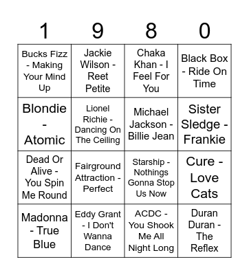 Music Bingo 80s Bingo Card