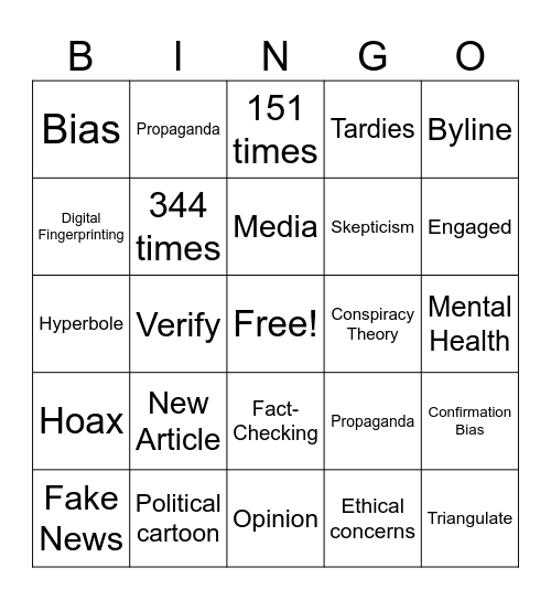 Unit One - Media Literacy Bingo Card