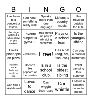 Get to Know You Bingo Card