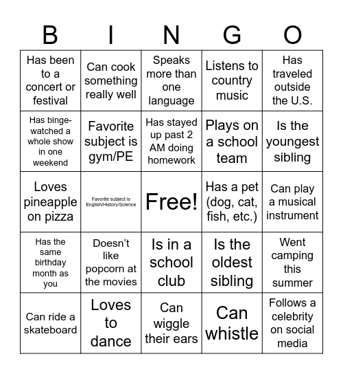 Get to Know You Bingo Card