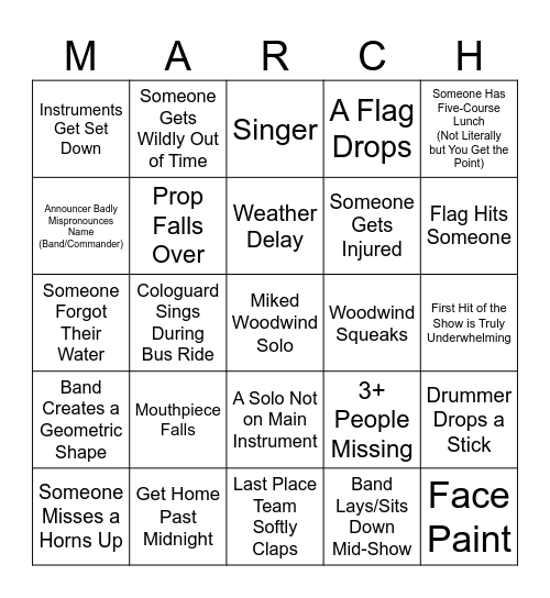 Marching Band Bingo Card
