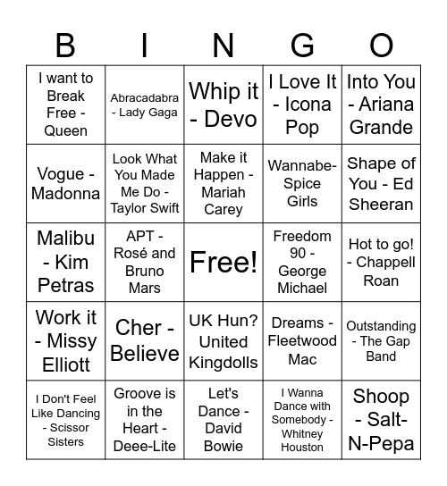 OUT Musical Bingo Card