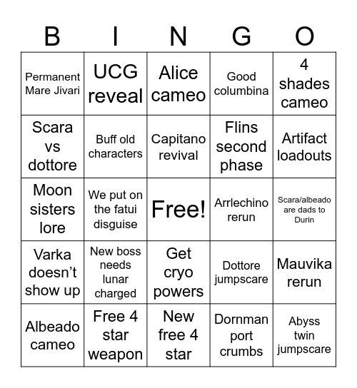 Genshin 6.0 bingo Card