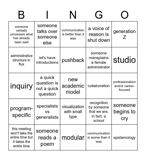 New Academic Model Bingo Card