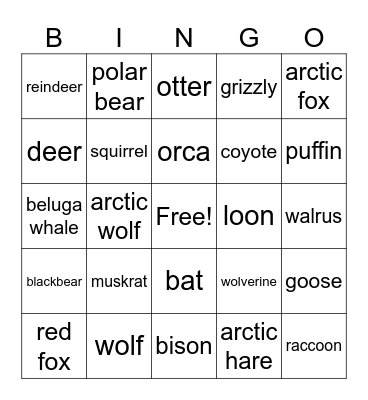 canada wildlife Bingo Card