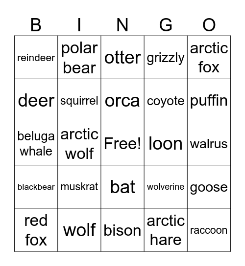 canada wildlife Bingo Card