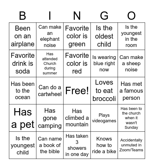 Youth Group Bingo! Bingo Card