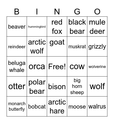canada wildlife bingo Card
