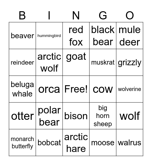 canada wildlife bingo Card