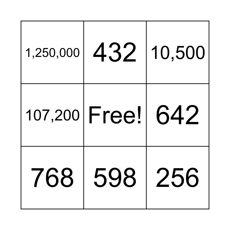 Big numbers Bingo Card