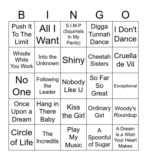 Disney Music Bingo #1 Bingo Card
