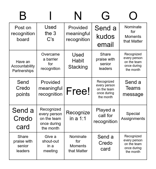 Recognition BINGO Card