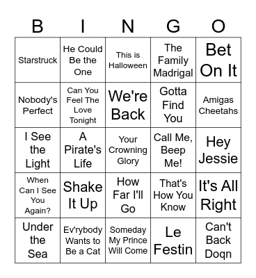 Disney Music Bingo #3 Bingo Card