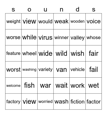 V, F, W sounds Bingo Card