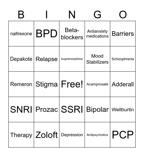 Mental Health Bingo Card