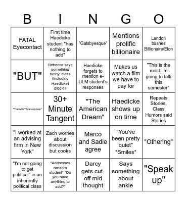 American Novel Bingo Card