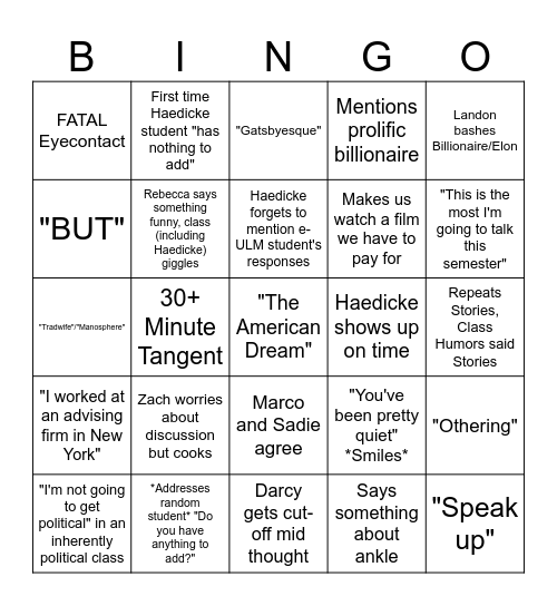 American Novel Bingo Card