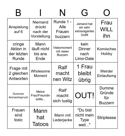 Take me OUT Bingo Card