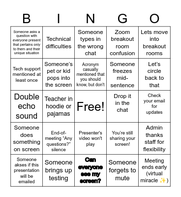 Virtual School Meeting & PD Bingo Card