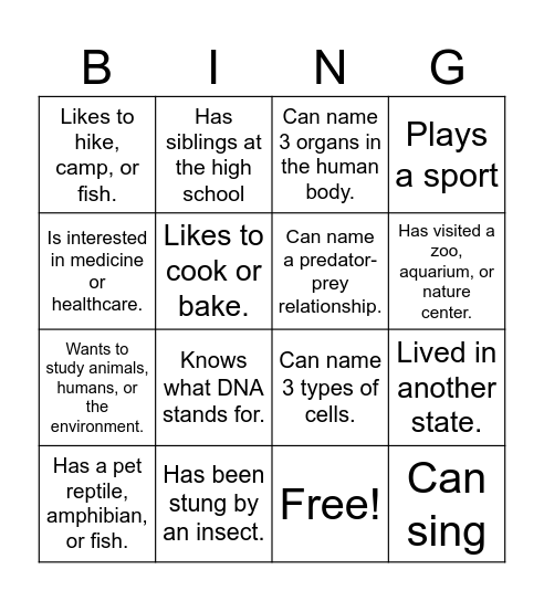 Biology Bingo Card