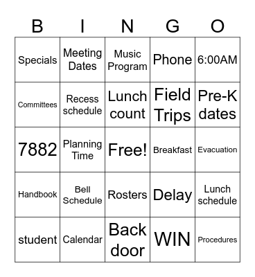 Back to School BINGO Card