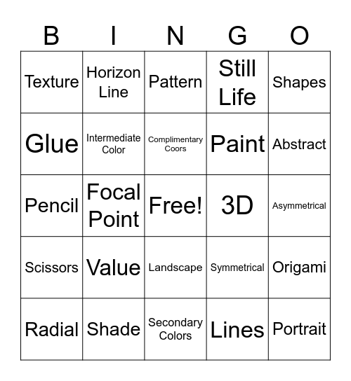 Elementary Art Bingo Card