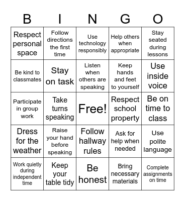 Classroom Expectations Bingo Card