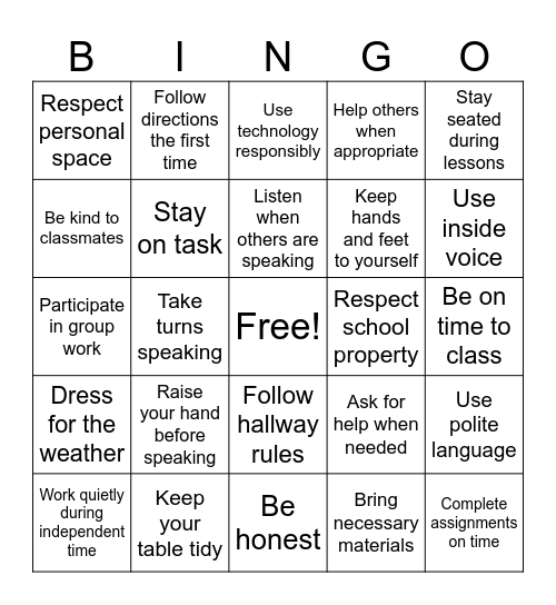 Classroom Expectations Bingo Card
