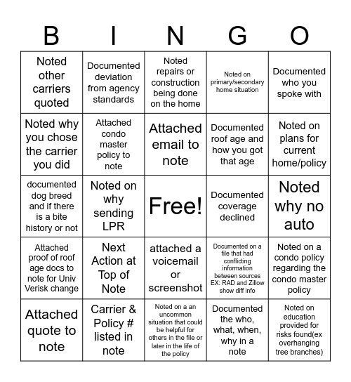 Notes November Bingo Card